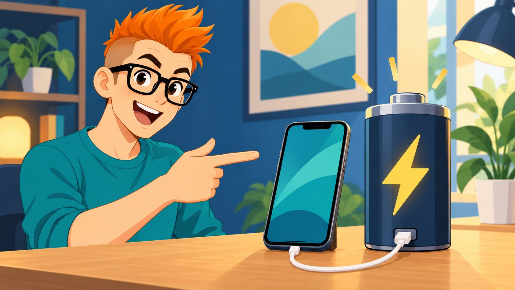 モヒカンと眼鏡のキャラクターが、充電池とスマートフォンを紹介するイメージイラスト