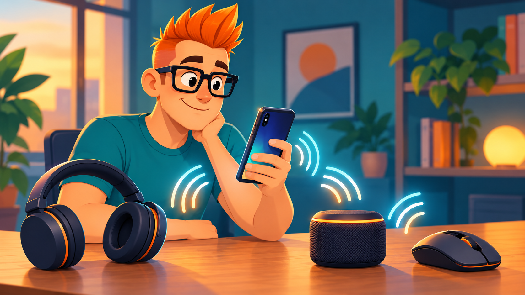モヒカンと眼鏡のキャラクターが、スマートフォンとヘッドホンなどの近距離無線接続を紹介するイラスト
