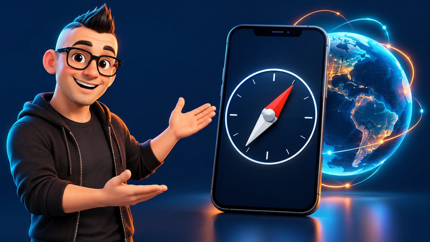 モヒカンと眼鏡のキャラクターが、電子コンパスを表示したスマートフォンと地球を紹介するイラスト