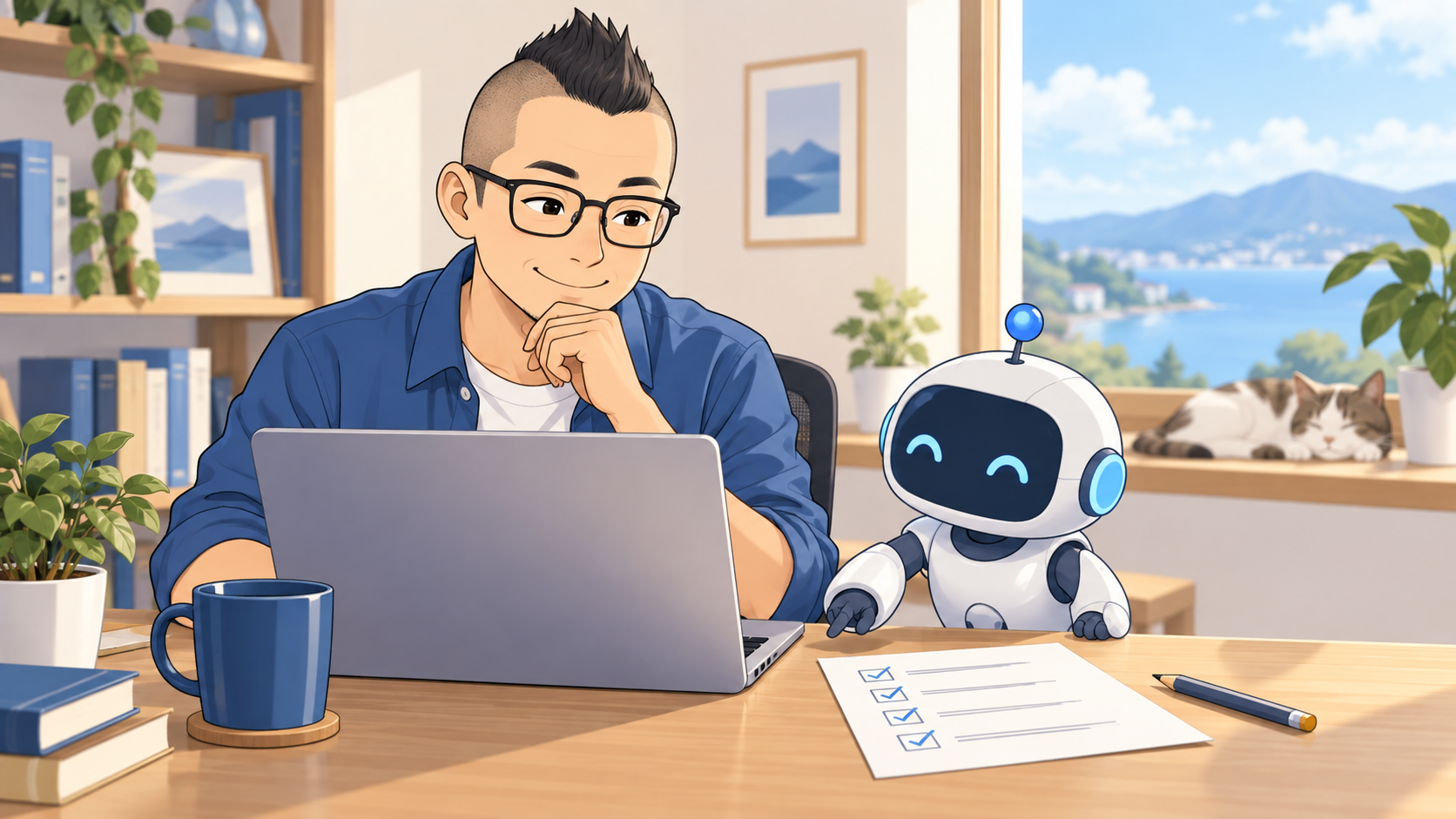 モヒカンと眼鏡の男性が、AIロボットとチェックリストを使ってノートパソコンでブログの下書きを確認するイラスト