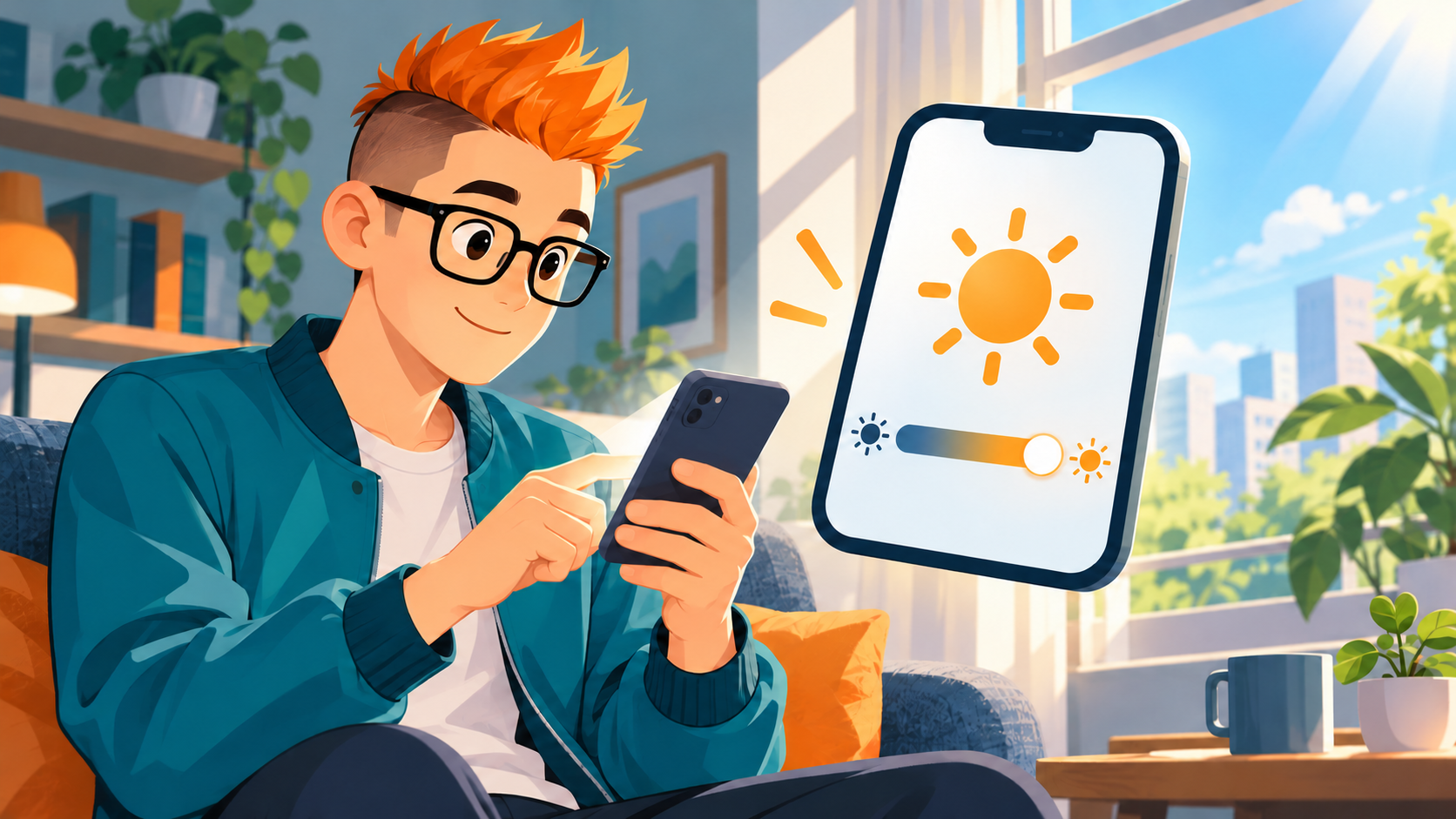 窓辺でスマートフォンを操作するモヒカンと眼鏡のキャラクターと、画面の明るさ調整を表すイラスト