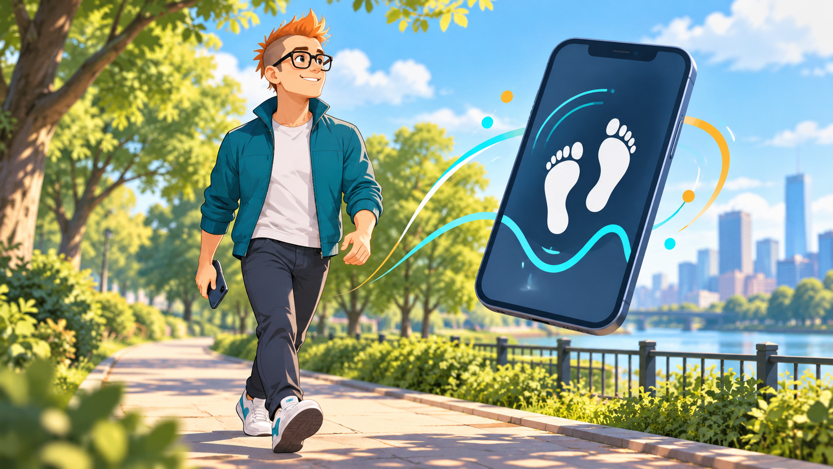 モヒカンと眼鏡のキャラクターが公園を歩き、足跡を表示したスマートフォンで歩数計の仕組みを表すイラスト