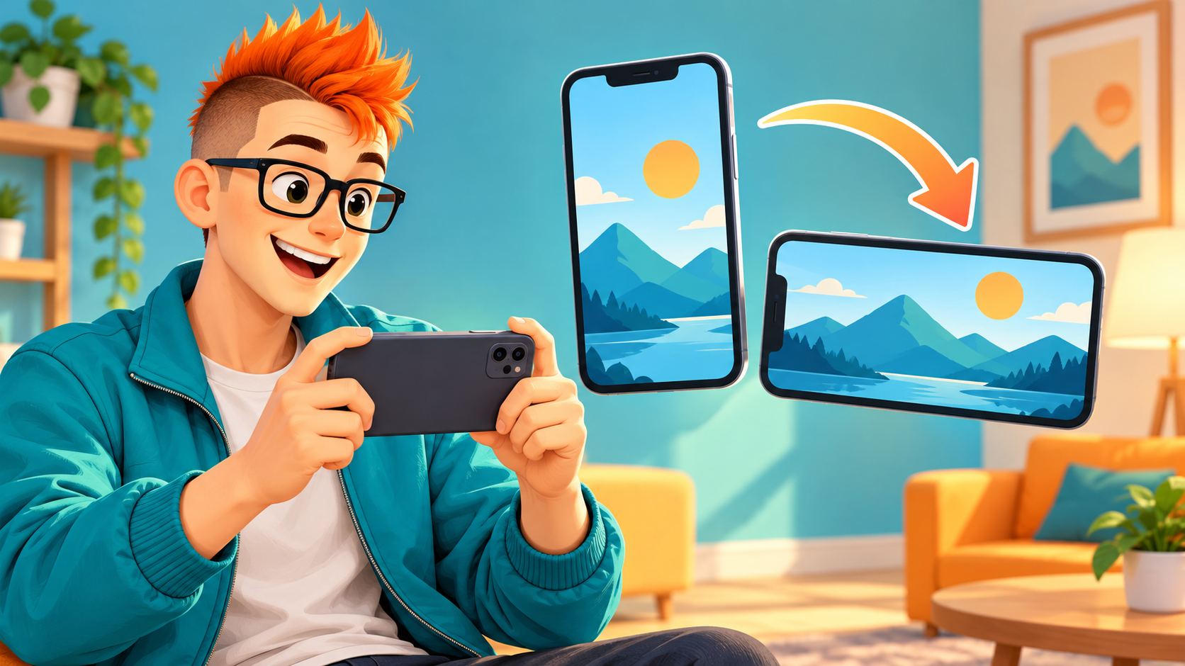 モヒカンと眼鏡のキャラクターと、縦向きから横向きへ回転するスマートフォンのイラスト