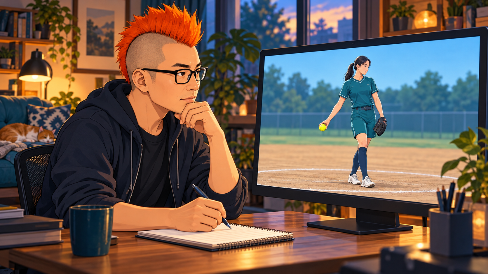 モヒカンと眼鏡のキャラクターが、画面上のソフトボール投手を観察する開発イメージ